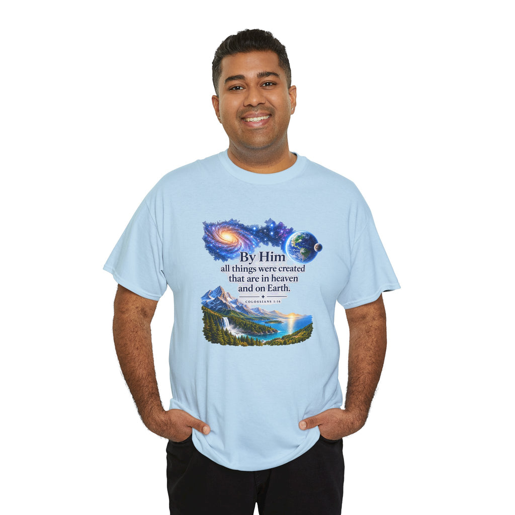 Creation T‑Shirt – "By Him all things were created" Nature & Space Faith Tee