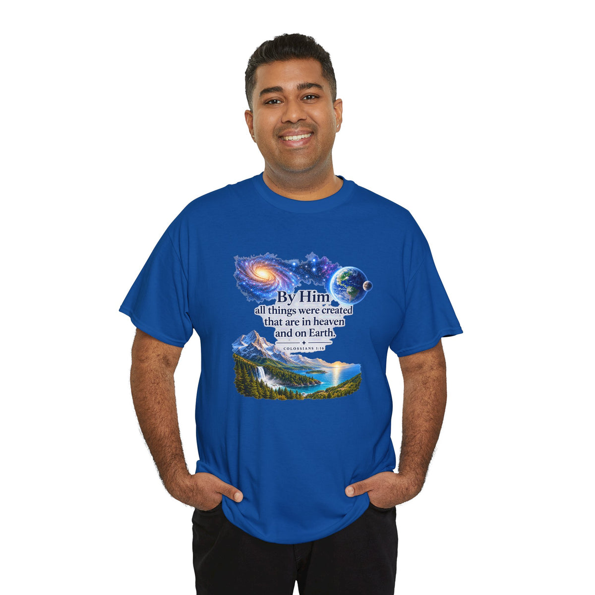 Creation T‑Shirt – "By Him all things were created" Nature & Space Faith Tee