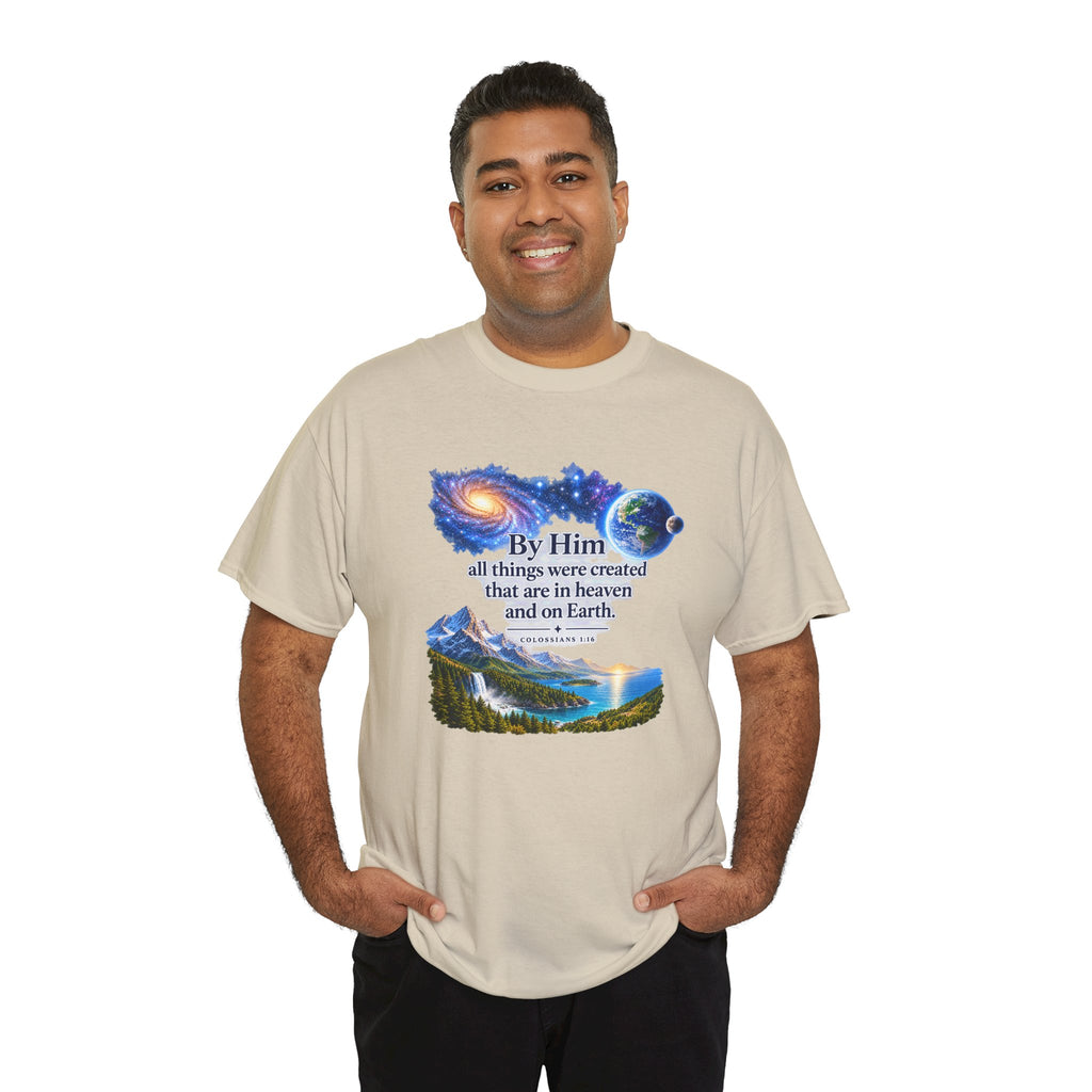 Creation T‑Shirt – "By Him all things were created" Nature & Space Faith Tee
