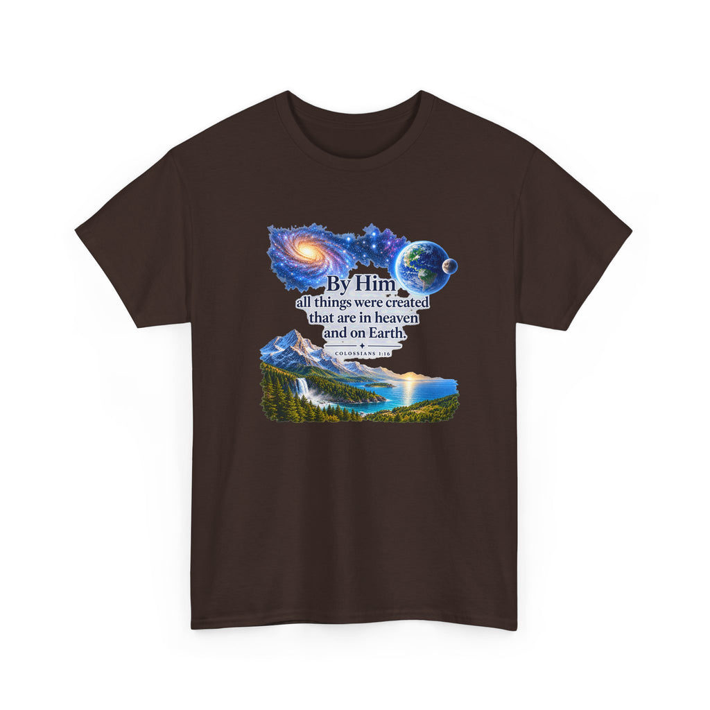 Creation T‑Shirt – "By Him all things were created" Nature & Space Faith Tee