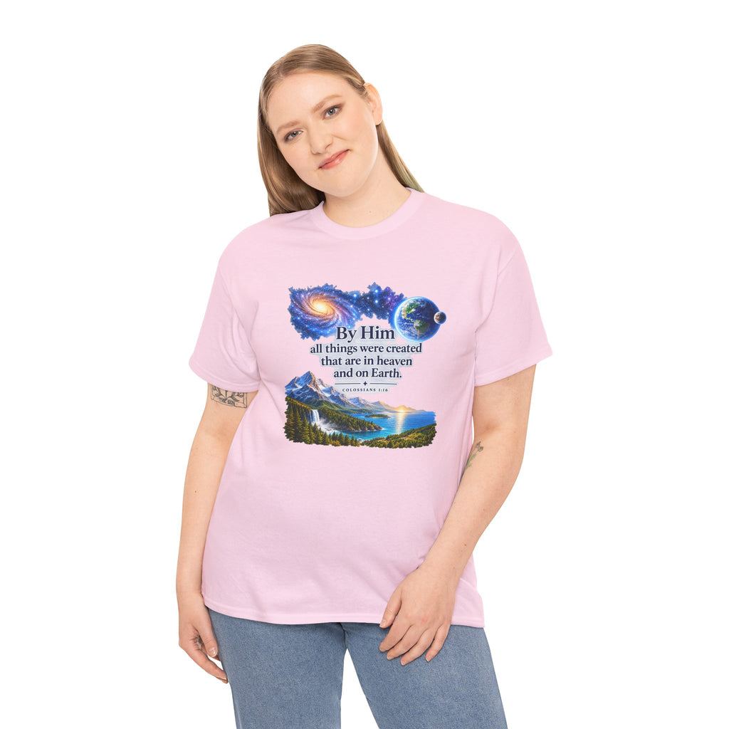 Creation T‑Shirt – "By Him all things were created" Nature & Space Faith Tee