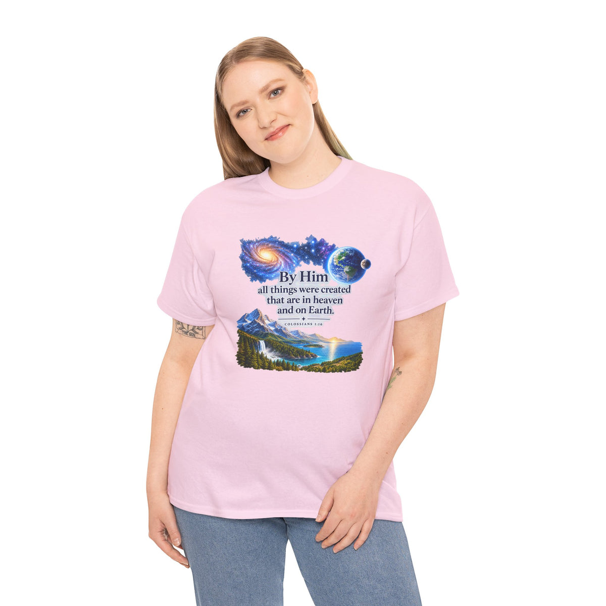 Creation T‑Shirt – "By Him all things were created" Nature & Space Faith Tee