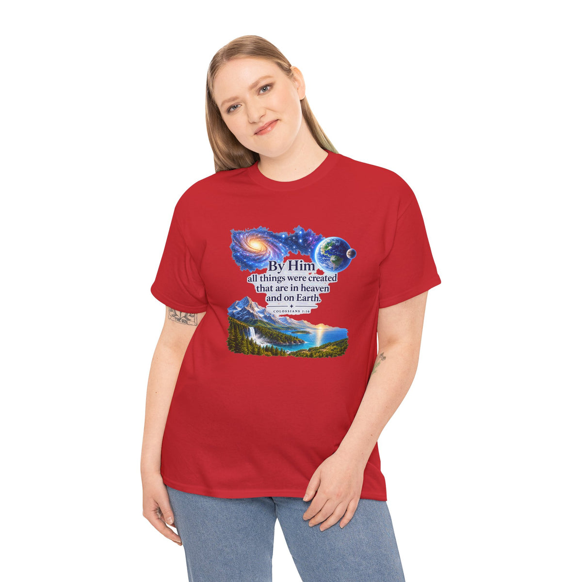 Creation T‑Shirt – "By Him all things were created" Nature & Space Faith Tee