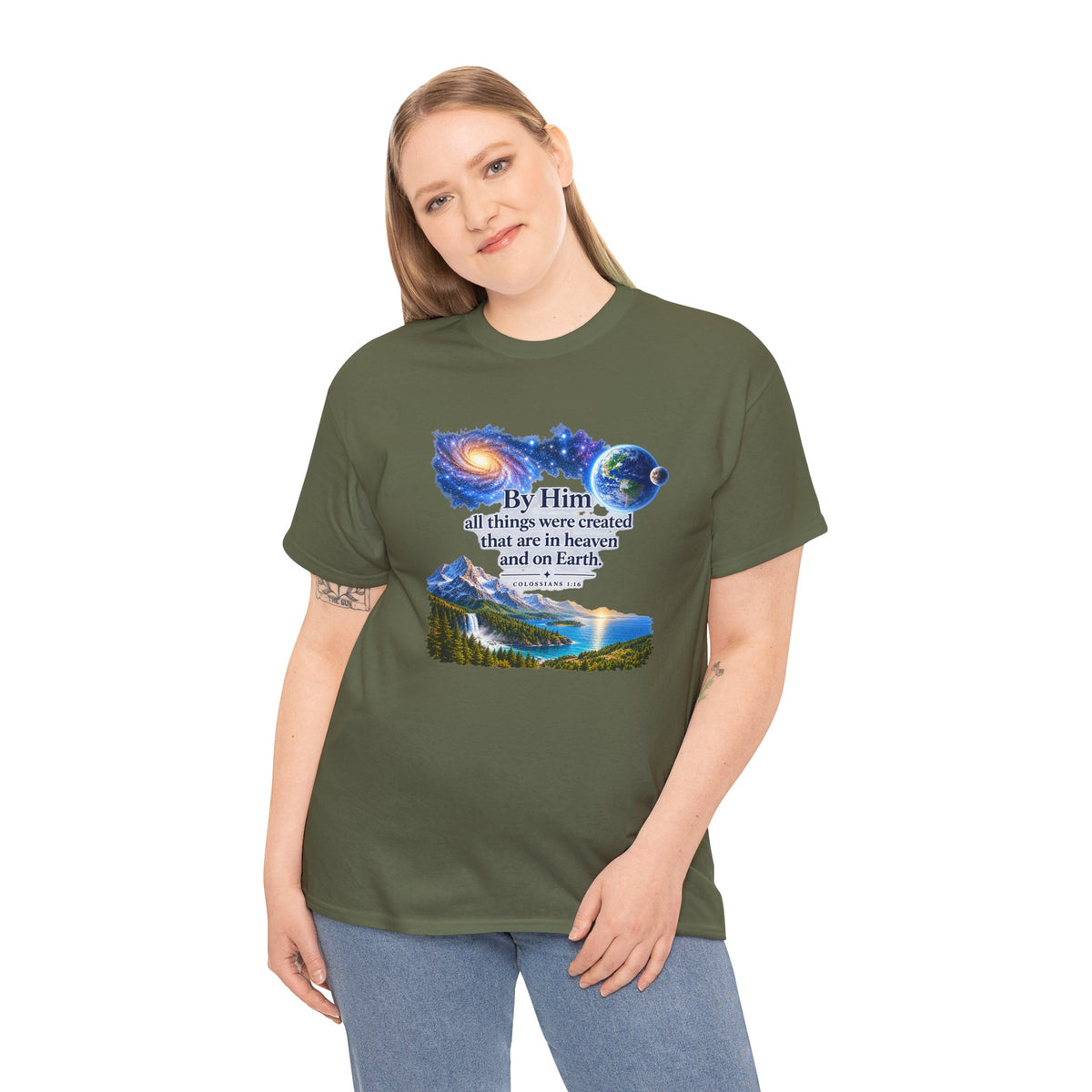 Creation T‑Shirt – "By Him all things were created" Nature & Space Faith Tee
