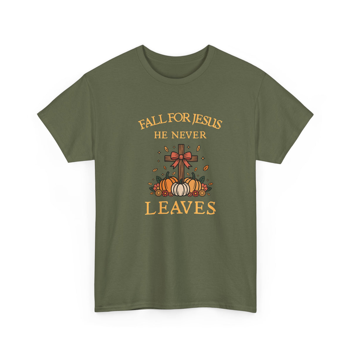Christian Fall T-Shirt — “Fall For Jesus He Never Leaves” Pumpkin Cross Autumn Tee